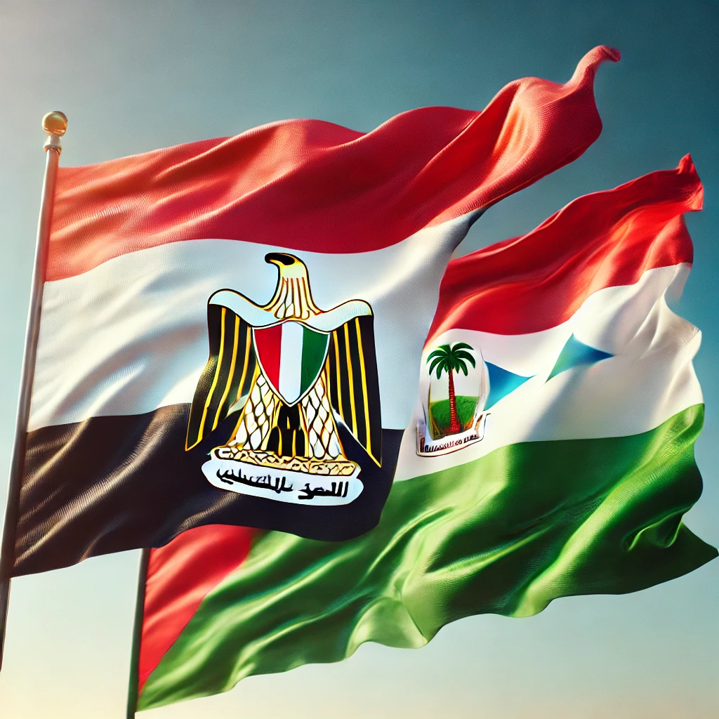 DALL·E 2025 02 02 22.02.58 A visually appealing image featuring the flags of Egypt and Equatorial Guinea side by side waving in the wind against a clear blue sky. The Egyptian