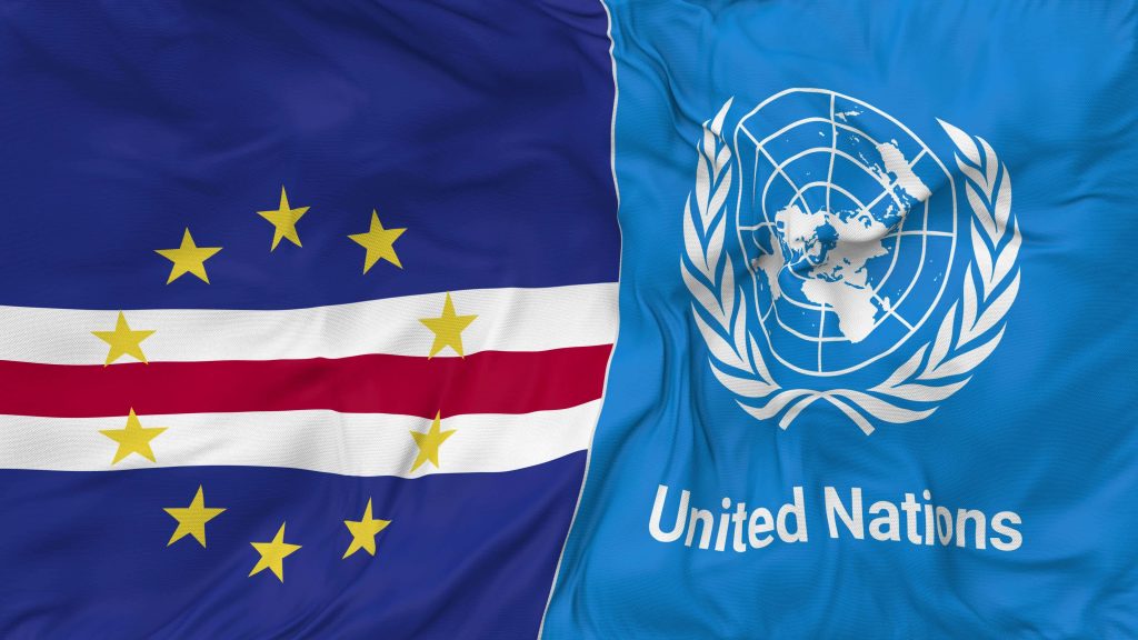 cape verde cabo verde and united nations un flags together seamless looping background looped bump texture cloth waving slow motion 3d rendering free video