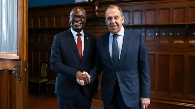 Minister of Foreign Affairs and International Trade of Zimbabwe Amon Murwira with Russian Foreign Minister Sergey Lavrov where he announced Zimbabwe has officially applied to join BRICS membership